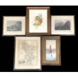 R Montague, Quiet Waters, signed, watercolour, 20cm x 10cm; a map of Derbyshire; two engravings,