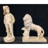 A resin model of a lion, 44cm long; a chalk model of a boy in a wide brimmed hat, 63cm high (2)