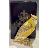 A Royal Crown Derby paperweight, Citron Cockatoo, gold stopper, 13cm, red printed marks, boxed