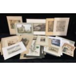 An artist's portfolio of pictures and prints including 19th century engravings, watercolours,