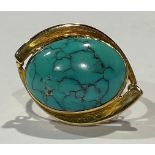 An unmarked gold ring, set with a single polished turquoise cabochon, size O, 5.5g