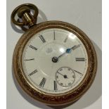An American open face pocket watch, Charles Benedict USA, gold plated case, chased and engraved,