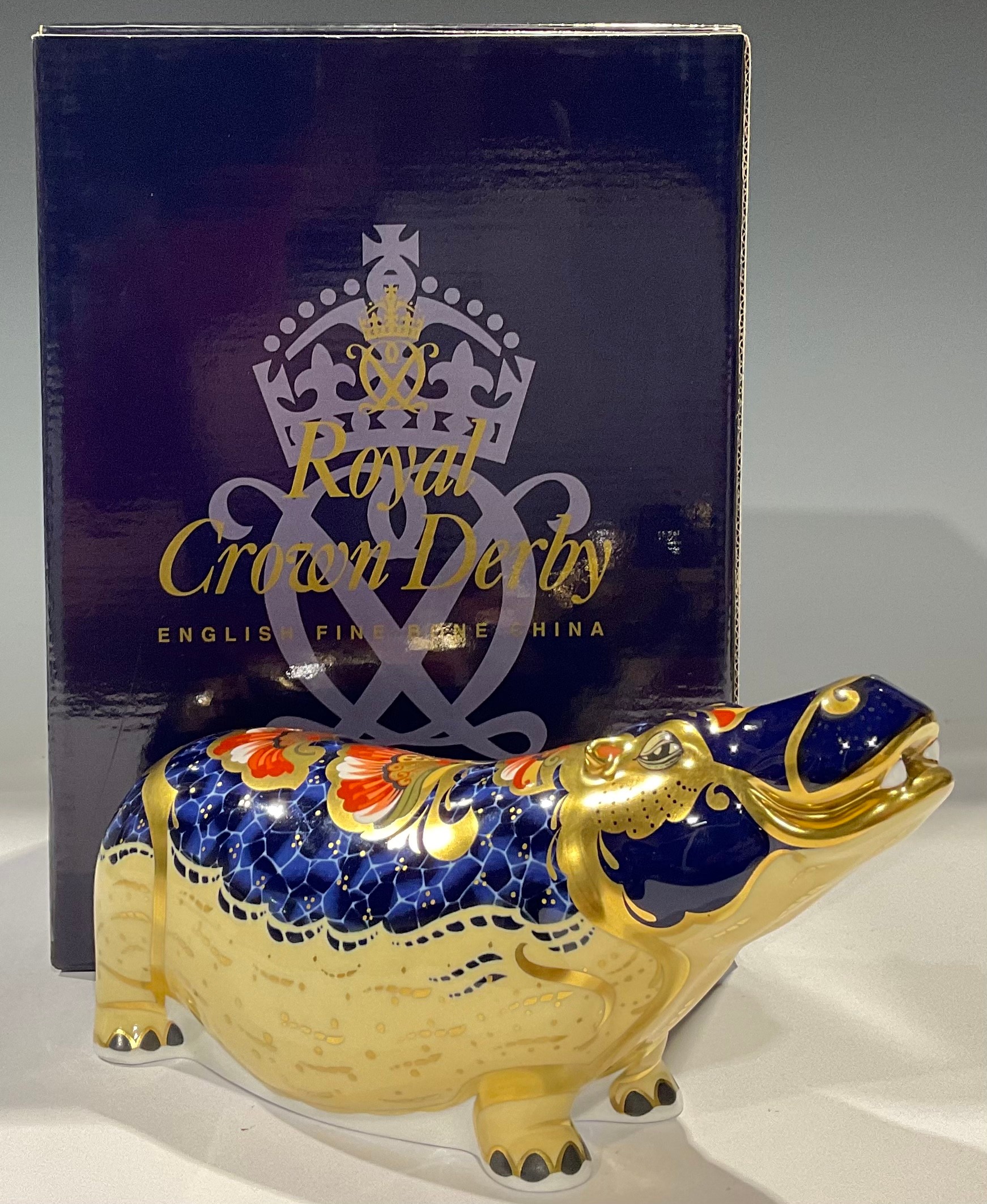 A Royal Crown Derby paperweight, Hippopotamus, gold stopper, printed marks, 21cm, boxed