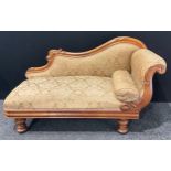 A Victorian walnut chaise longue, stuffed-over upholstery, 84cm high, 148cm long, 61cm deep