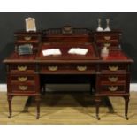 A late Victorian mahogany twin pedestal Dickens desk, shaped superstructure with hinged covered