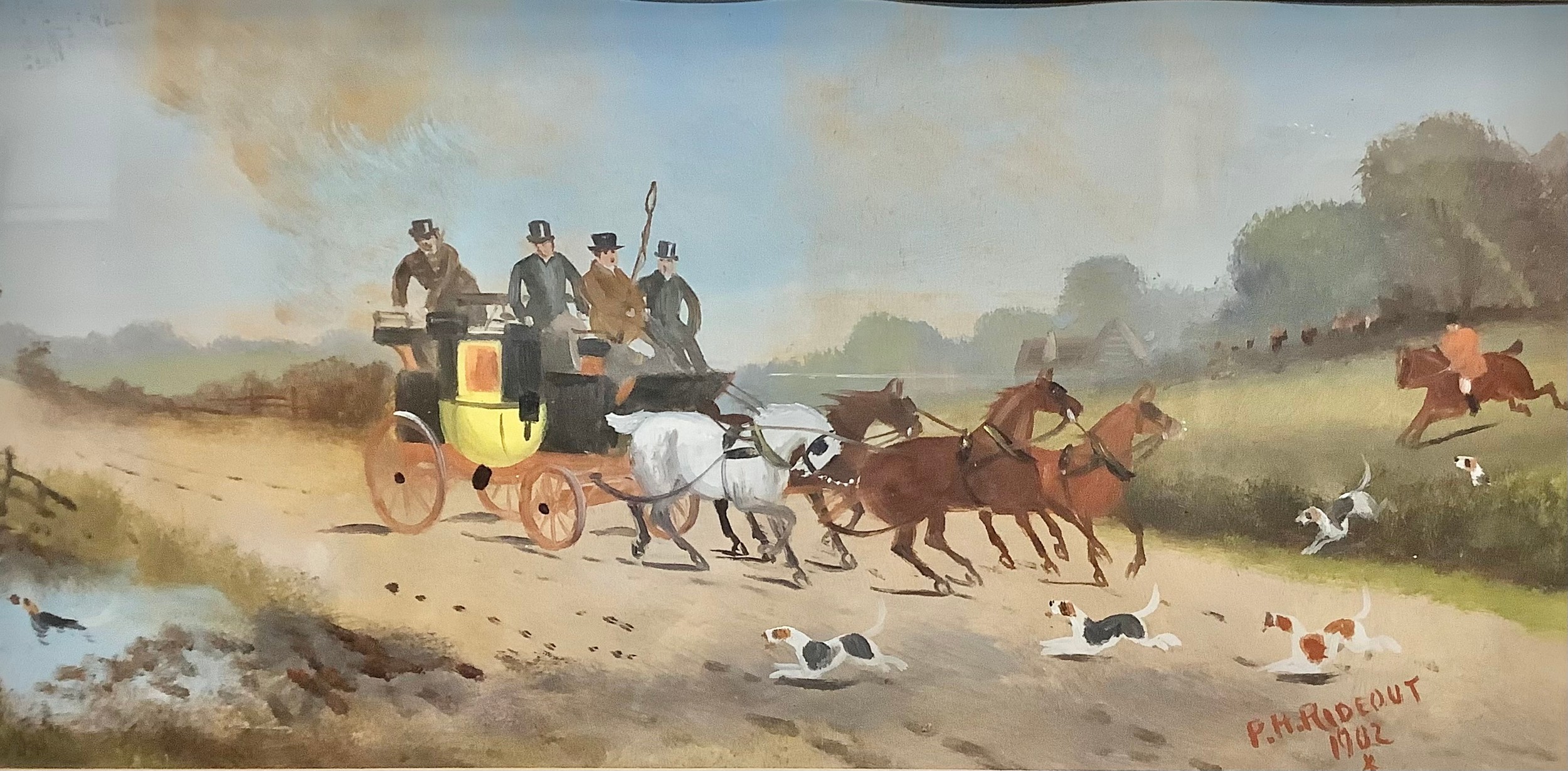 Philip H Rideout Coach and Four, Interrupted by the Hunt signed, gouache, 19cm x 38cm