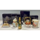 A Royal Crown Derby miniature model, Ice Bucket, 6cm high; others, Champagne bottle, 9cm high, Iron,