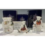 A Royal Crown Derby miniature Teddy Bear, Mummy and Charlotte, 7cm, boxed; others, Daddy and George,
