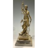 A bronze sculpture, of Justice, she stands holding scales aloft, stepped marble base, 34cm high