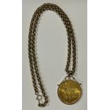 A gold 100 Corona coin, 1915, mounted in 9ct gold as a pendant, suspended from a 9ct gold belcher