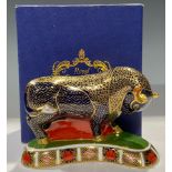 A Royal Crown Derby paperweight, Grecian Bull, gold stopper, signed in gold, dated 1993, 14cm