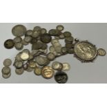 Coins - a George V half crown 1914, other silver coins, pre-1920, 135g; a George II farthing 1754; a