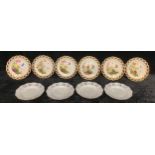 A set of six 19th century English porcelain dessert plates, decorated with flowers and insects,