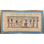 An Egyptian papyrus painting, decorated in polychrome depicting Gods, Goddesses and hieroglyphics,