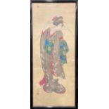 A Japanese woodblock print, Geisha, signed, late 19th century, 98cm x 40cm