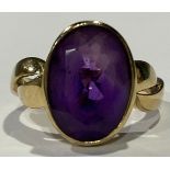 A 9ct gold ring, set with a single faceted oval amethyst stone, size P, 5g