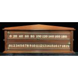A mahogany snooker scoreboard, by E J Riley, 92cm wide