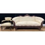 A 19th century mahogany sofa, 97cm high, 207cm wide, 73cm deep; a late Victorian drawing room chair,