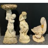 A reconstituted figural bird bath; similar goose and classical muse figure (3)