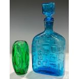 An Italian Empoli style blue glass slab side bottle vase, drop in stopper, moulded with a