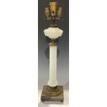 A large bronzed metal and milk glass table lamp, square marble type base, 73cm high