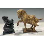 A Chinese slate carved miniature Dog of Fo, 9cm; a Chinese parcel gilt bronze model of a horse,