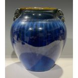 A large Denby Danesby Electric Blue two handled ovoid vase, Greek style scroll handles, printed
