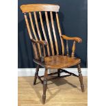 A 19th century beech and elm lath back elbow chair, 109cm high, 56.5cm wide, the seat 37.5cm wide