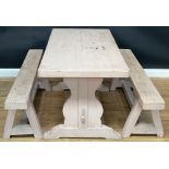 A rectangular painted pine farmhouse kitchen table and two benches, the table 78.5cm high, 149cm