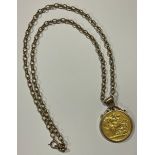 A Victorian gold double sovereign, 1887, mounted in 9ct gold as a pendant, 9ct gold necklace