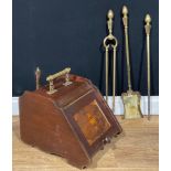 A Victorian mahogany and marquetry coal box, c.1890; a set of three brass fire irons (4)