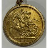 A Victorian gold full sovereign, 1887, mounted in 9ct gold as a pendant, 9ct gold necklace chain,