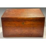 A Victorian oak slope top stationery box, hinged cover enclosing a fitted interior, c.1880, 35.5cm