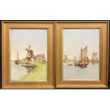 A pair of rectangular porcelain plaques, printed and painted with Dutch waterways, barges and