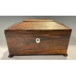 A William IV rosewood sarcophagus tea caddy, hinged cover enclosing two lidded compartments and