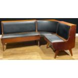 A retro mid-20th century corner bench or sofa, hinged seats and tops, 82cm high, 181cm wide, 135cm
