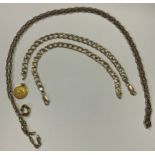 A 9ct gold curb link bracelet, another, a 9ct gold broken necklace, 22.3g; an 18ct gold cherub