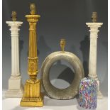 A pair of Italian Carrara marble Corinthian column table lamps, 52cm high; another columnar table