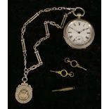 A Continental silver open face pocket watch, marked 935; a silver fancy link Albert chain and fob