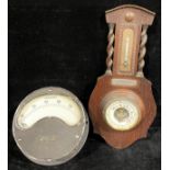 An oak wall barometer, mounted with silver presentation plaque, c.1930; a large Ferranti amperes
