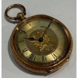 A late 19th century continental lady's 18k gold open face pocket watch, engine turned dial with