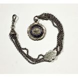 A 19th century silver coloured metal fancy link Albert chain or Albertina; enamel football fob