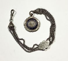 A 19th century silver coloured metal fancy link Albert chain or Albertina; enamel football fob