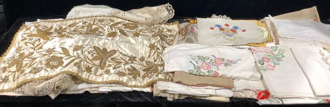 Textiles - a quantity of hand embroidered table linen, including crinoline lady, English country