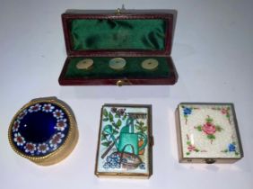 A square enamel pill box, decorated with flowers; others; a set of three mother of pearl collar