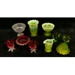 A Victorian uranium Vaseline glass celery vase, 19cm; a uranium glass pedestal sugar bowl and