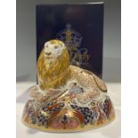 A Royal Crown Derby paperweight, Lion, gold stopper, 15cm, printed marks, boxed