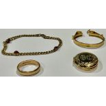 A 9ct gold wedding band, size Q, 3.16g; a 9ct gold coin mount, 4.2g; a 9ct gold and ruby bracelet,