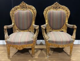 A pair of 18th century style Rococo design giltwood and gesso throne-form armchairs, ±117.5cm