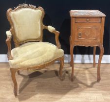 A Louis XV Revival armchair, 92cm high, 62cm wide; a Louis XV Revival table de nuit, 82.5cm high,
